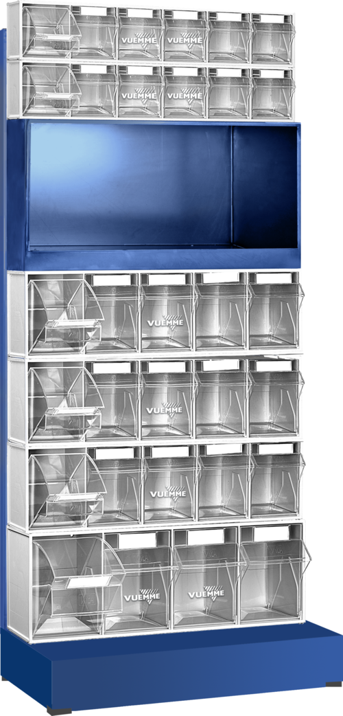 BLUE DISPLAY WITH DRAWERS AND CAN HOLDER